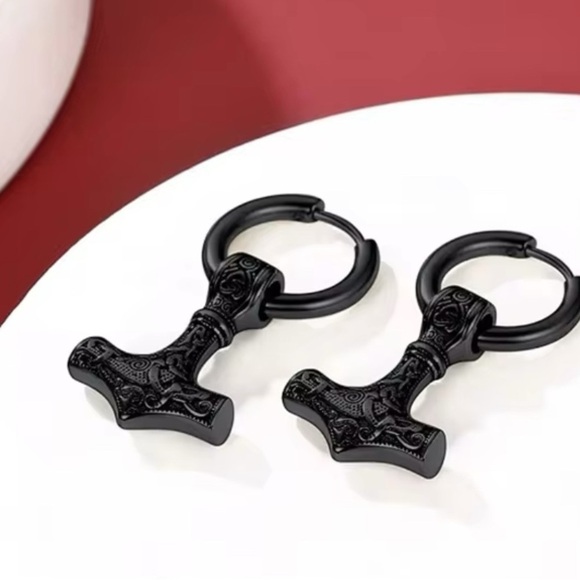 Moon Goddess Emporium Other - Black Gun Metal Gold Mjolnir Thor’s Hammer Viking Runes Unisex Hoop Earrings